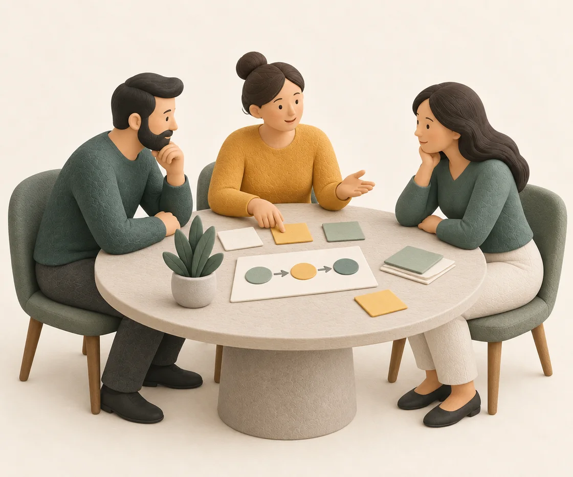 Three people reviewing notes and discussing what they learned together