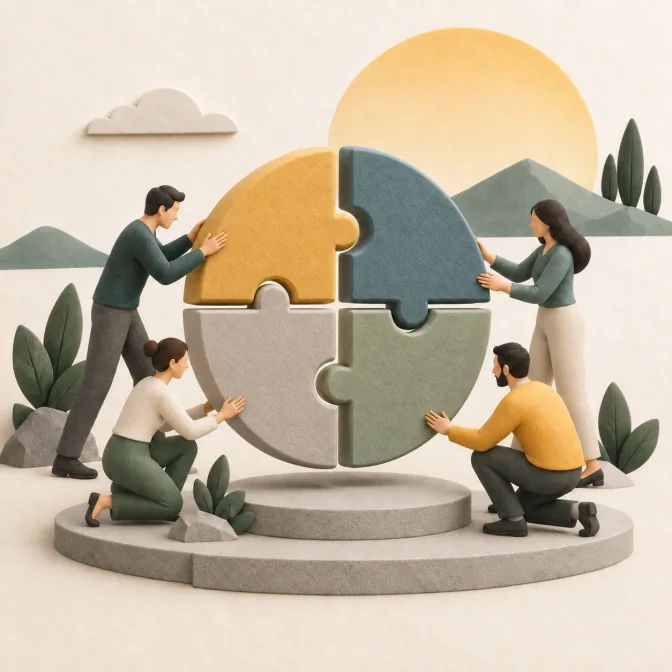 Four people assembling pieces into a shared circular structure.
