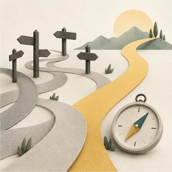 Several paths, signposts and a compass beside one clear golden route