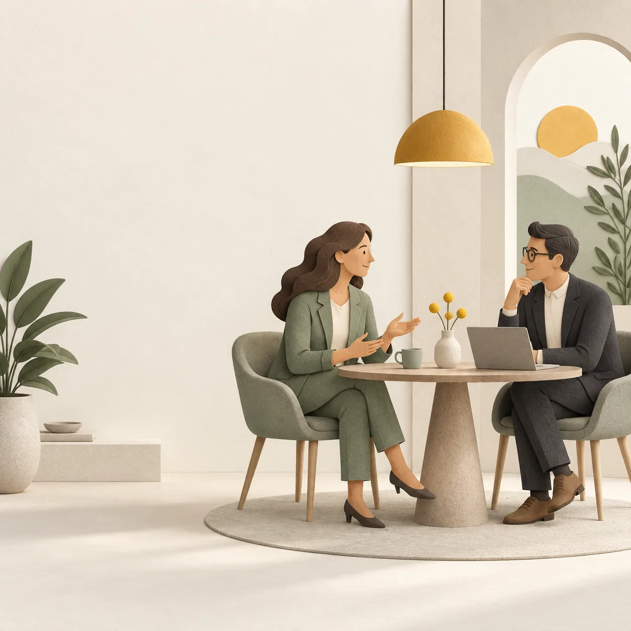 Two people discussing next steps at a table