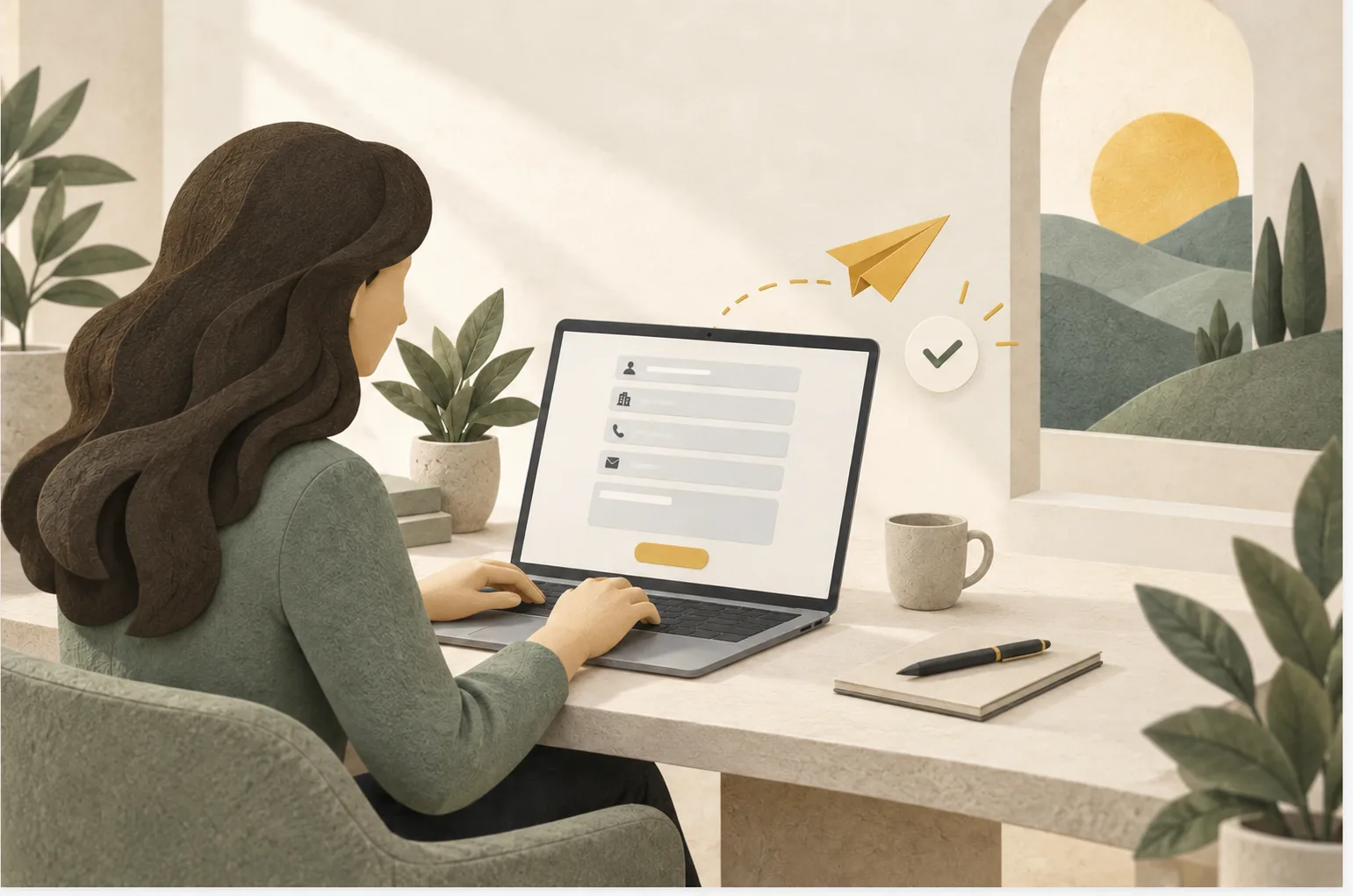 Woman at a laptop completing a contact form