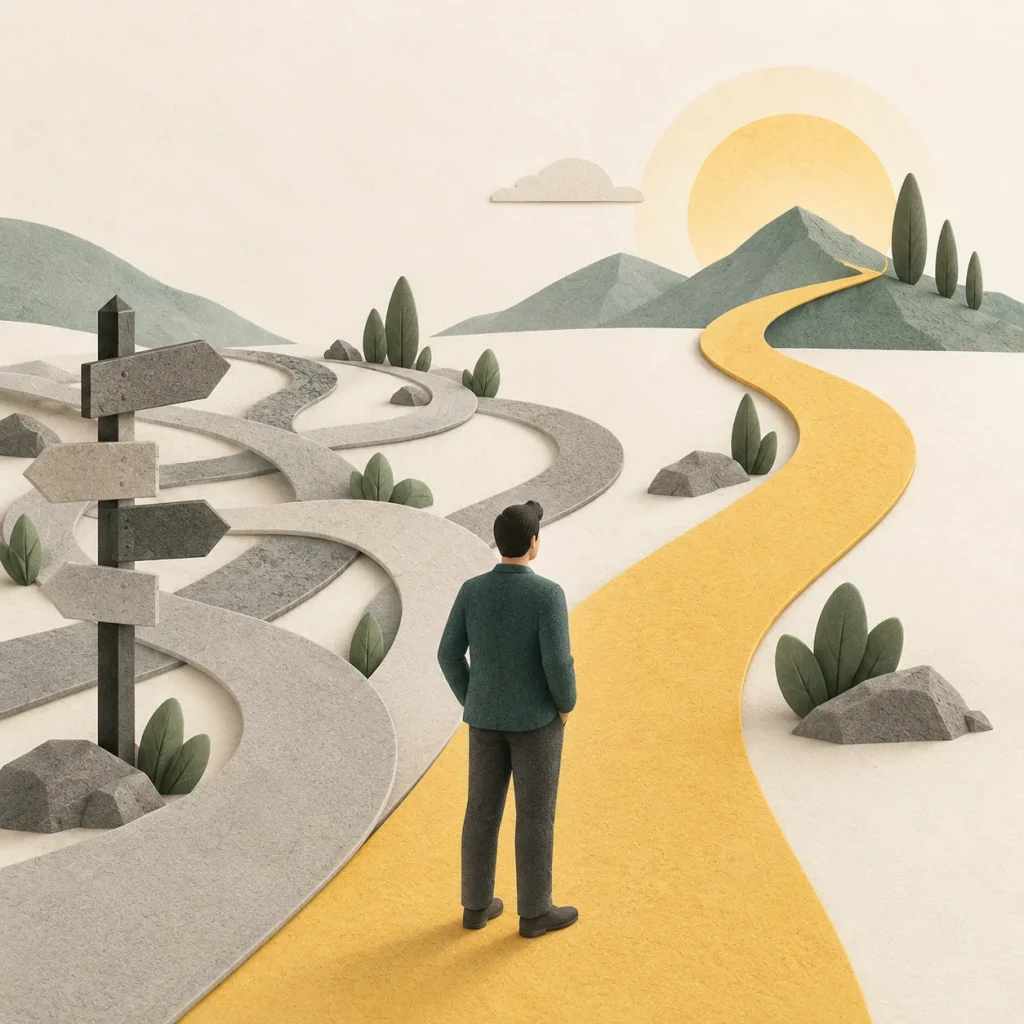 Illustration of several winding paths and one clear golden path