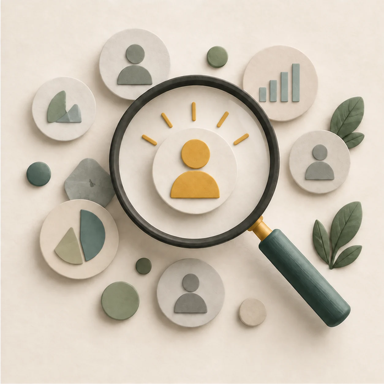 Magnifying glass examining people and market signals